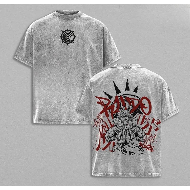 Rudo Cool Print T-shirt Anime Gachiakuta Clothing Men Women Cotton Tshirts Retro Washed T Shirt Harajuku Unisex Oversized Tops