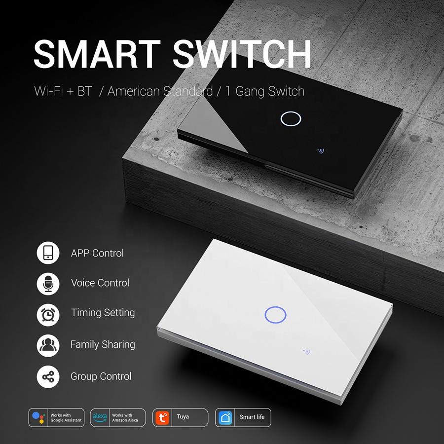 Glass Touch Smart Switches for Lights, 1 Gang White Black Flush Wall Switch APP Control Compatible with Alexa and Google Home