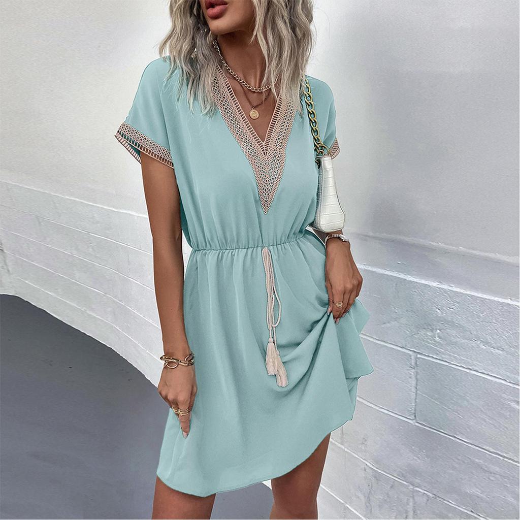 Women's Casual Summer Dresses Trimmed Short Sleeve V-Neck Tie Front Flowy Dress