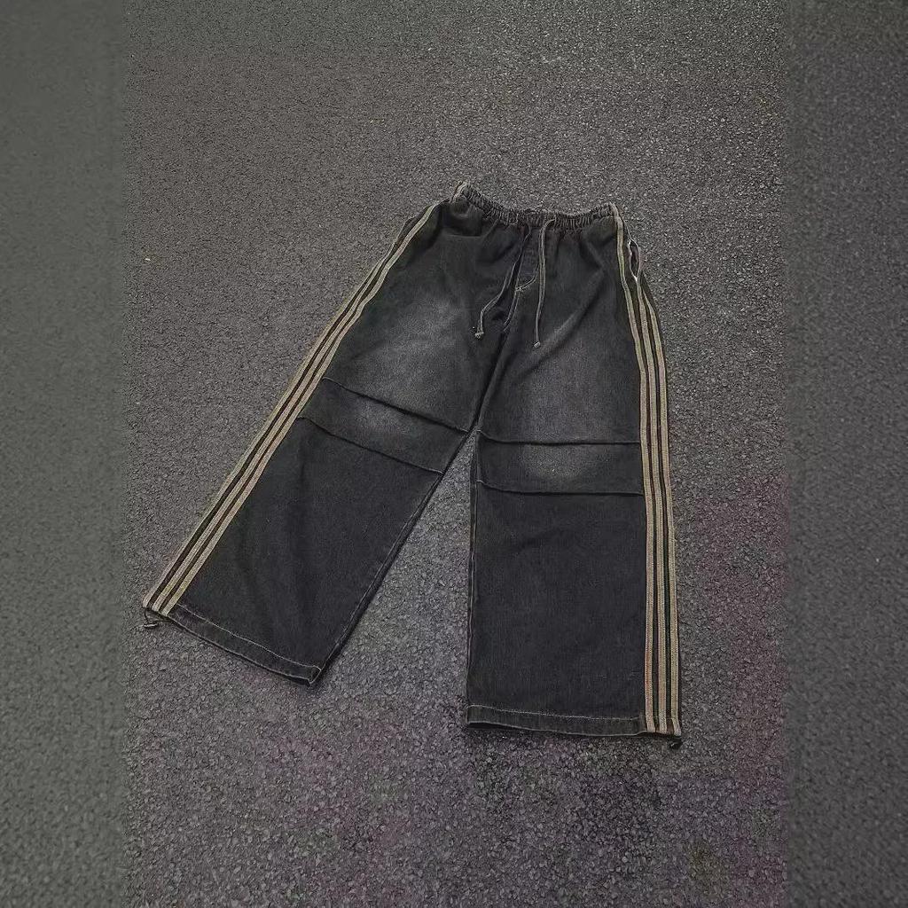 Осенне-зимние полосатые плиссированные свободные повседневные брюки: Ретро Джинсы в Американском Уличном Стиле