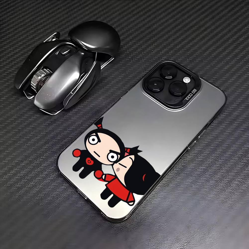 Cartoon P-Pucca G-Garu Cute Phone Case For iPhone17,16,15,14,13,12,11 Plus,Pro Max Colored Silver Plated Inside Cover