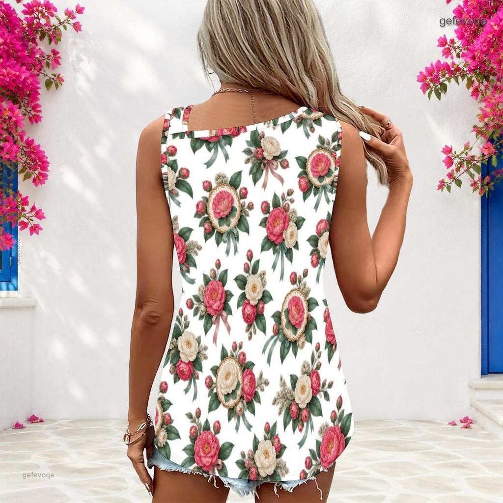 Women Plus Size White Sleeveless Asymmetric Cut Out Neck Rose Floral Print Tank Top