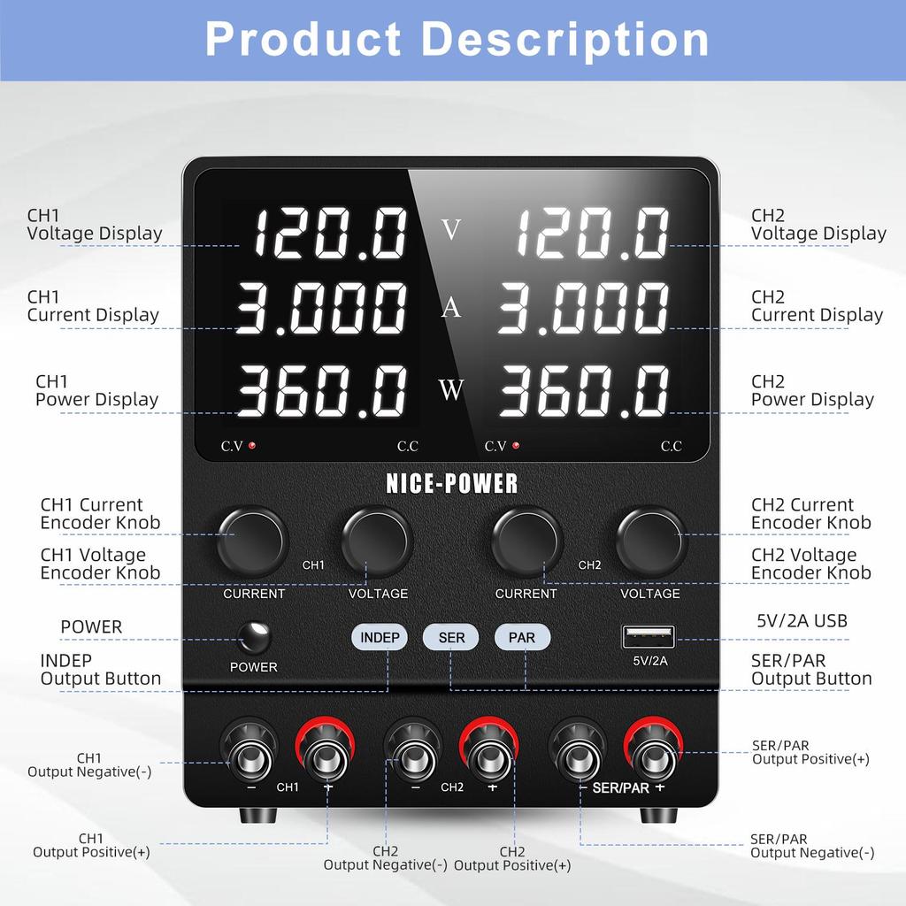 NICE-POWER SPS1203-2KD 0-120В 0-3А Три лабораторных блока питания Поддерживает независимый выход 240В последовательно 6А параллельно 5В 2А USB Вход AC220В