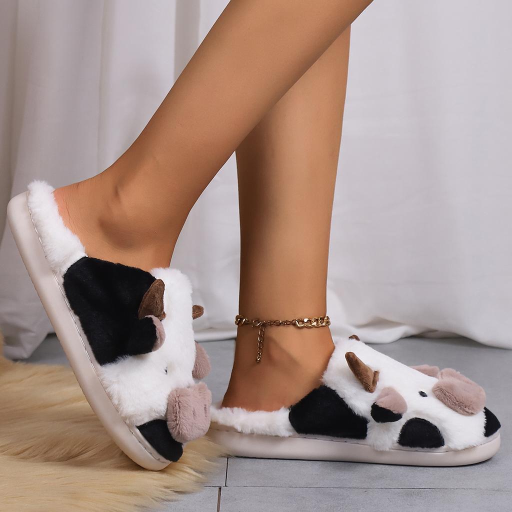 Fashion Shevalues Cute Plush Cotton Slippers For Women Winter Warm Cozy Furry Milk Cow Slides Indoor Non-slip Soft Fluffy House Slippers