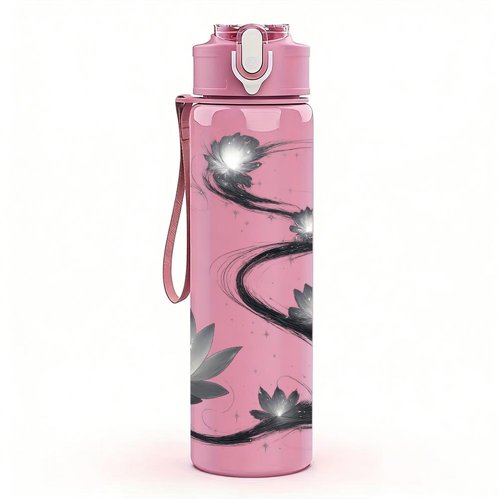 1PC Lotus Ink Line Art 750ml Color Plastic Sports Water Bottle Leakproof Flip Straw Lid For Sports Office Home Use