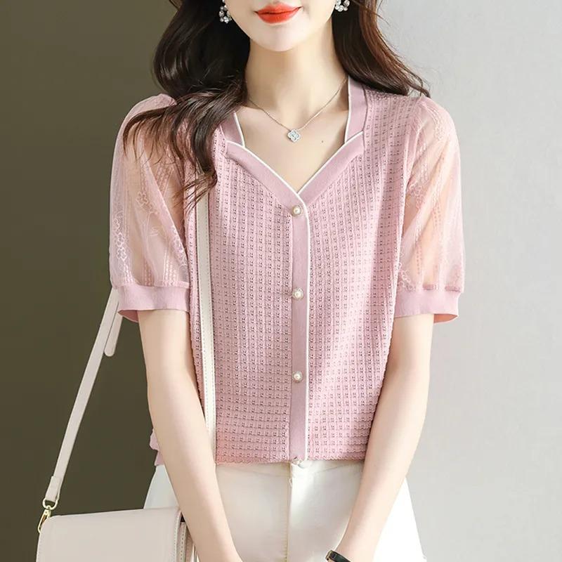 Женская летняя новинка: короткорубашечная футболка из французского кружева, топ-обманка под кардиган с квадратным вырезом, модный тонкий свитер из ледяного шелка