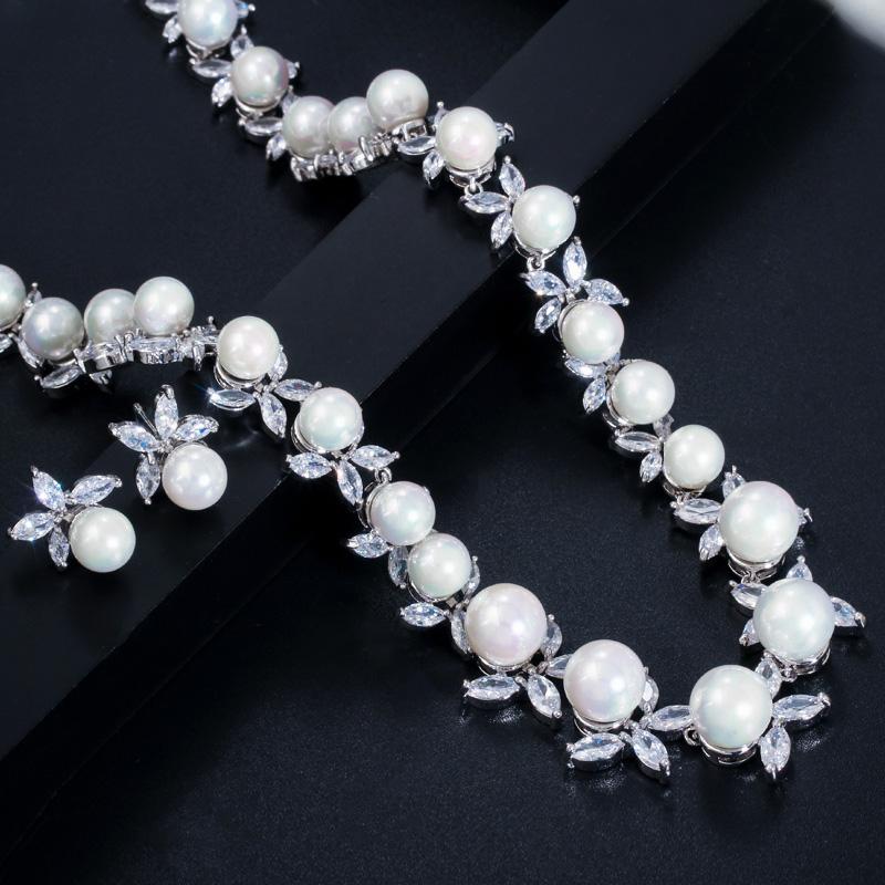 CMM блестящий кубический цирконий, круглый большой искусственный жемчуг, свадебное ожерелье, серьги, комплекты ювелирных изделий для женщин