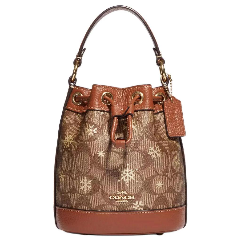 COACH Dempsey Signature Coated Canvas Litchi Grain Leather Bucket Bag Handbag Mini Women's Brown (Unisex) Handbags CE587 IMV2X
