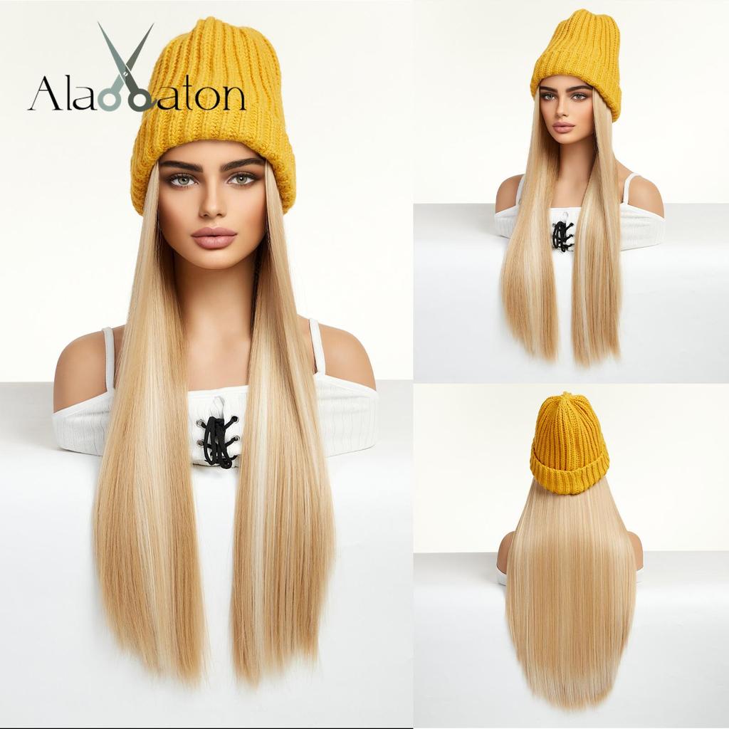 Blonde Unicorn Hat Wigs Cap with Hair Ombre Brown Blonde Color Connect Synthetic Hair Extensions Women Daily Party High Temperature