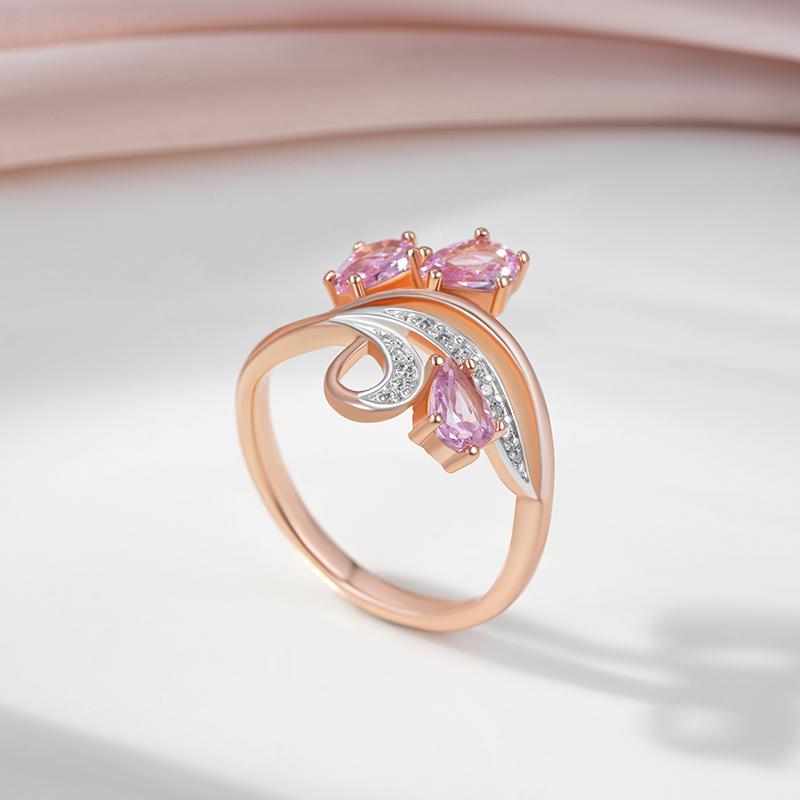 Кольцо из розового золота и серебра двухцветное для женщин с розовым цирконием, цветочный дизайн, двойное гальваническое покрытие, роскошный подарок на ювелирные изделия