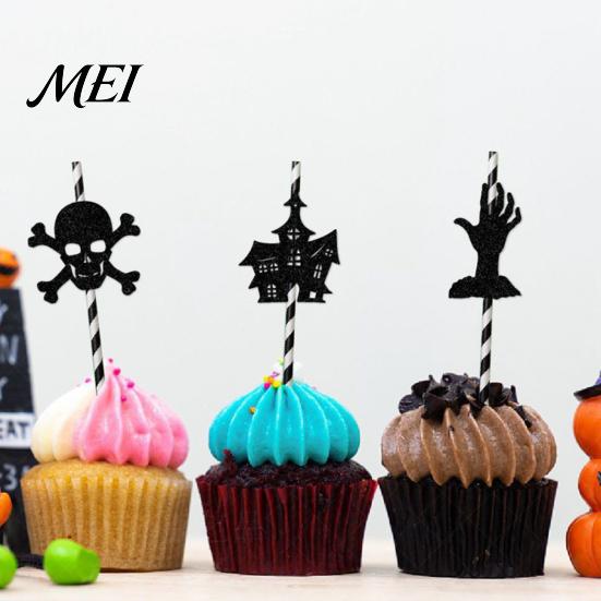 Halloween Celebration Accessories 9 Pcs Paper Straws, Glitter Pumpkin Bat Witch Ghost Cat Drinking Eco Friendly Party Straws Straw, Black White Stripe