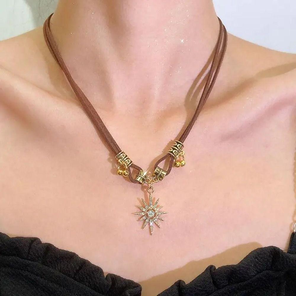 Регулируемое двойное ожерелье «Солнечная звезда» из кожи, цепочка на ключицу, ожерелье с подвеской «Солнце» для женщин