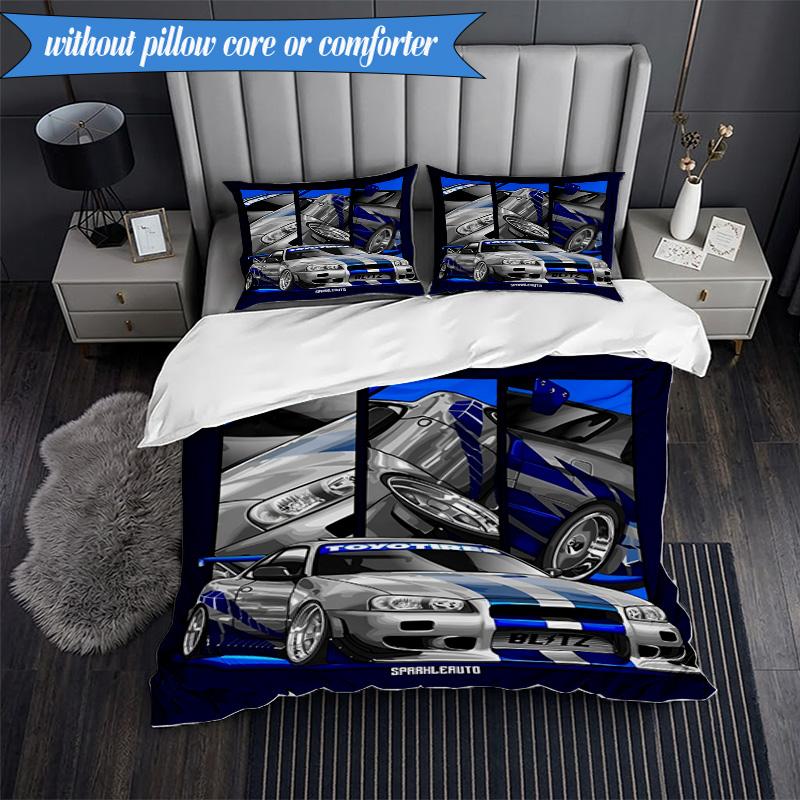 3PCS Skyline Blue Racing Spirit Speed Style Bedding Set 2D Printing (Includes 1 Duvet Cover + 2 Pillowcases Coreless), Bedroom decor,Fan gift