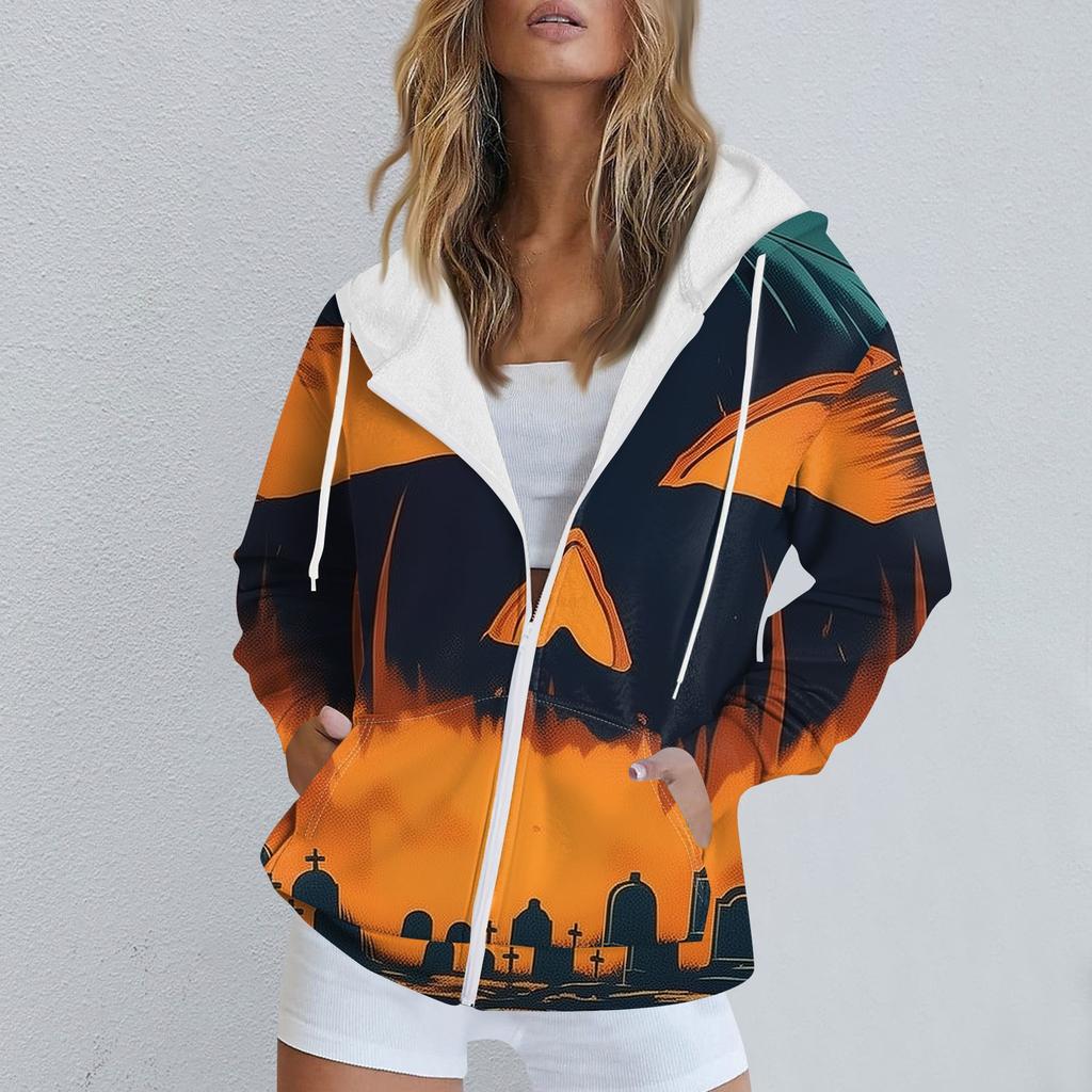 Женская повседневная спортивная одежда с принтом на Хэллоуин, осенне-зимняя куртка с капюшоном и длинными рукавами, с карманом на молнии