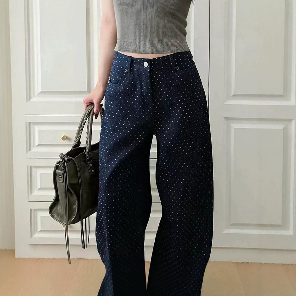 American Blue Polka Dot Jeans Women's Spring Scimitar Wide Leg Pants Lazy Drop Casual Pants
