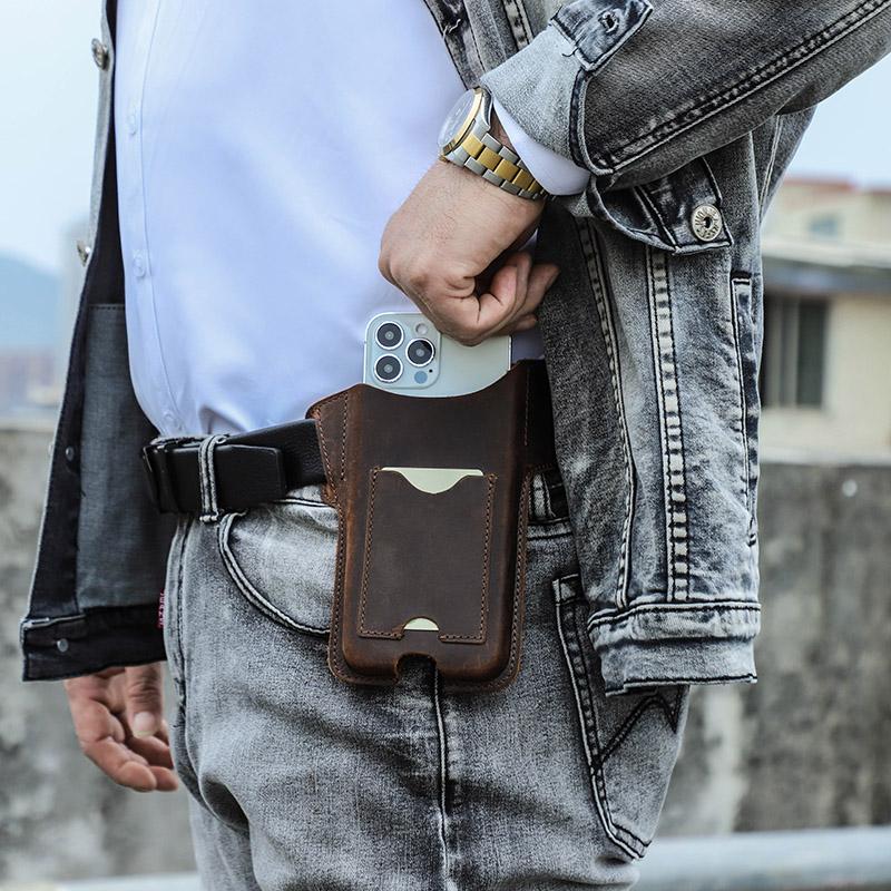 Чехол для телефона из натуральной кожи для мужчин, кобура с петлей для мобильного телефона, чехол с крючком на пояс, поясная сумка для телефона 5,4 дюйма/6,1 дюйма/6,7 дюйма