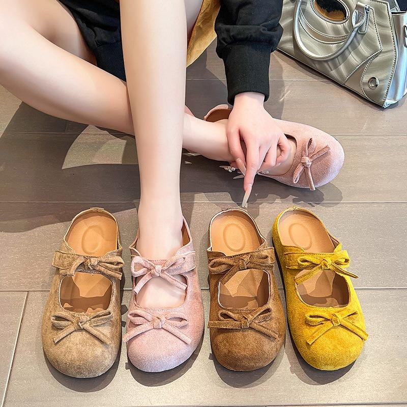 College style one pedal double bow half slippers new round head single shoes student suede flat slippers women