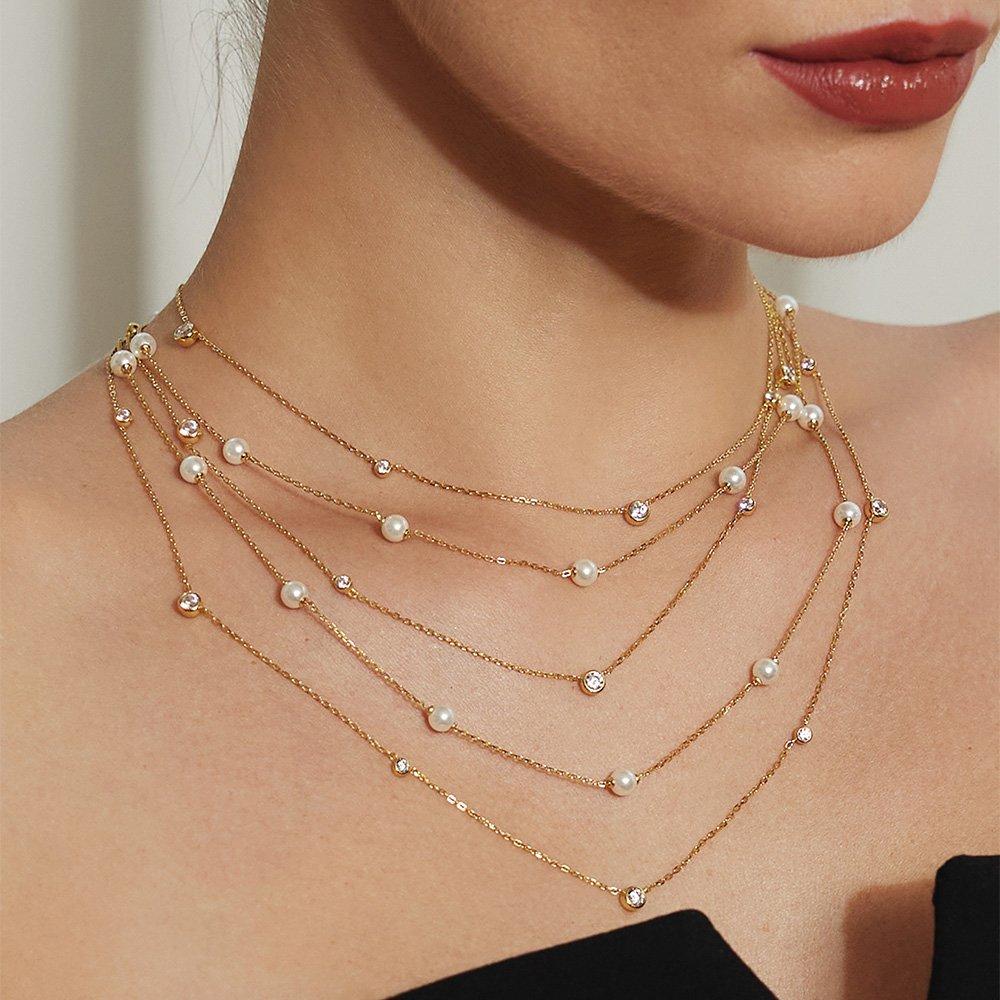 Gold Shell Pearl Station Chain 925 Silver Necklace N065-03G
