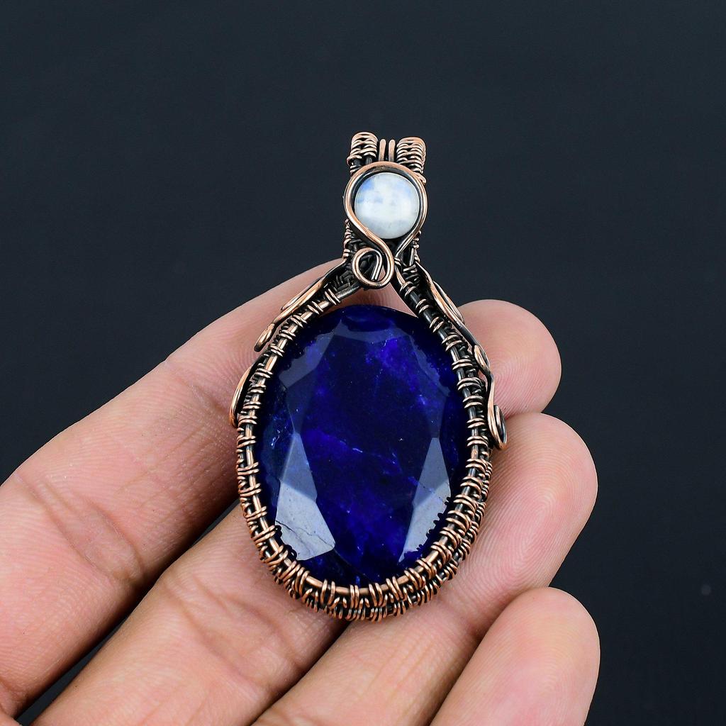 Blue Sapphire & Moonstone Gemstone Handmade Pure Copper Wire Wrapped Pendant Jewelry For Thanksgiving
