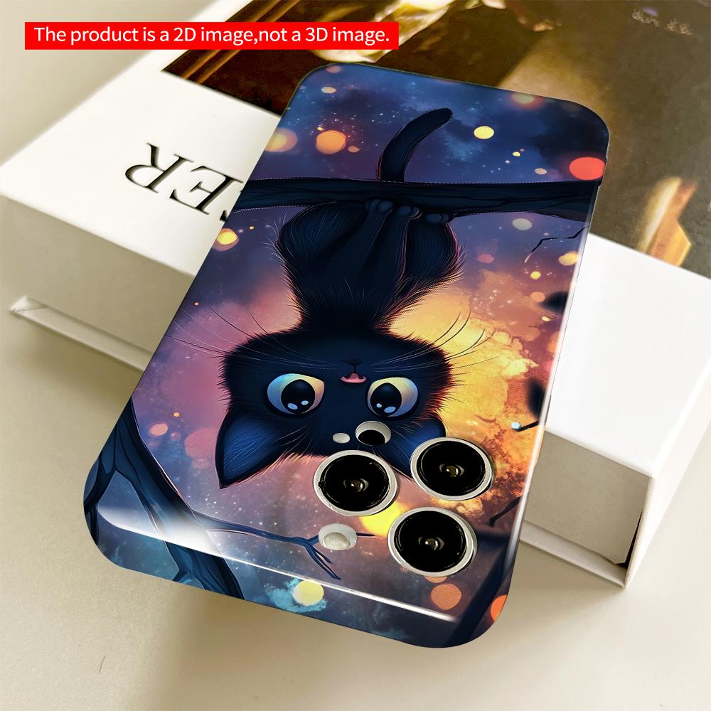 2DFlat Black Cat on Branch Amid Glowing Lights All inclusive film hard phone case, compatible with iPhone 18 Pro Max 17 16 15 14 13 12 11