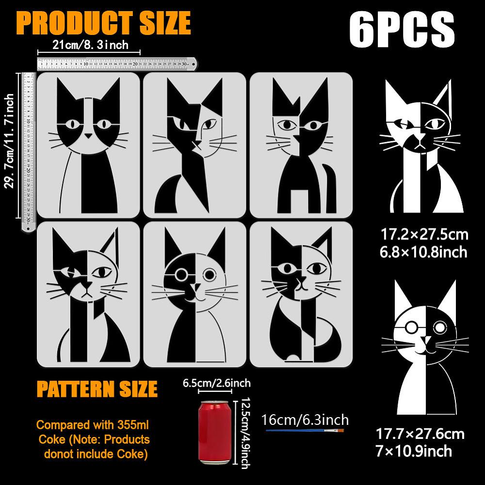 6Pcs 6 Styles PET Hollow Out Drawing Painting Stencils for DIY Scrapbook Photo Album Cat Shape 297x210mm 1pc/style