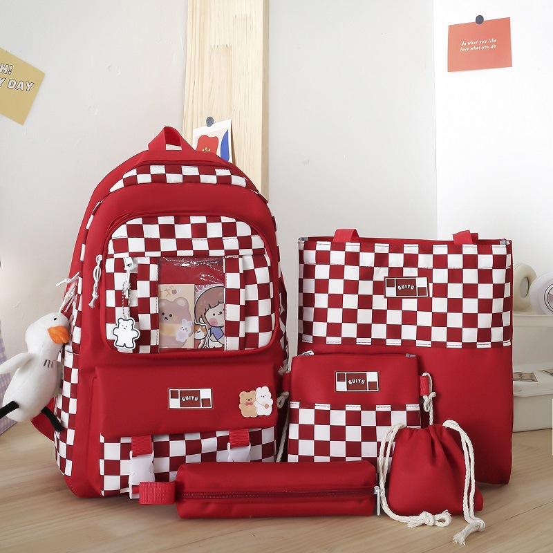 Lightweight Elementary School Backpack Korean Version for Junior High School Students Large Capacity Backpack Casual Grid Four Piece Backpack Studybag