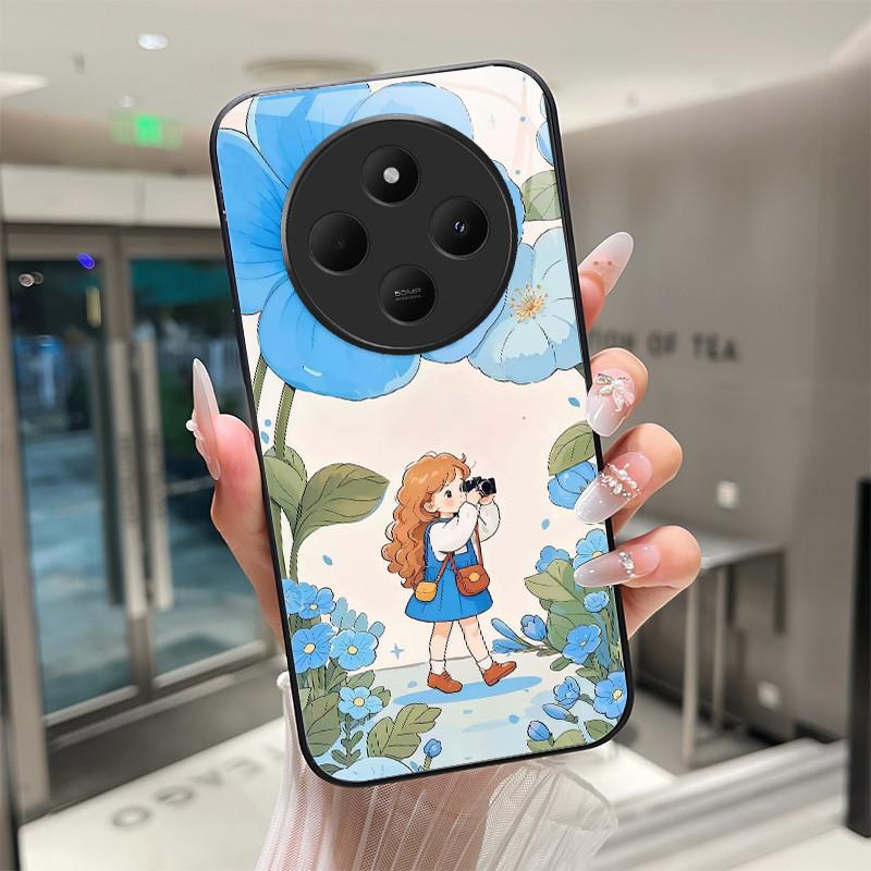 Красивый Цветок Милые Кошки Чехол Для Xiaomi Redmi 14C Redmi14c 4G 5G Poco C75 Закаленное Стекло Чехол Для Телефона Защитная Крышка Жесткая Оболочка