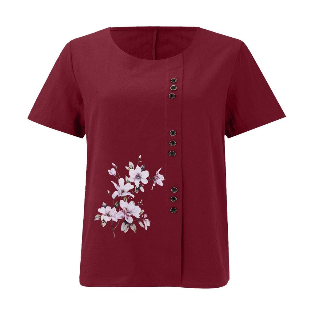 Women's Cotton Linen Round Neck Short Sleeve With Button Tops Printed T-shirt
