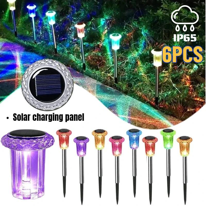 6 шт. Солнечный уличный светильник RGB Ночные огни IP65 Водонепроницаемый Нержавеющая сталь Длительное время работы от батареи Рождественский декор Сад Двор Пешеходная дорожка Декор для газона
