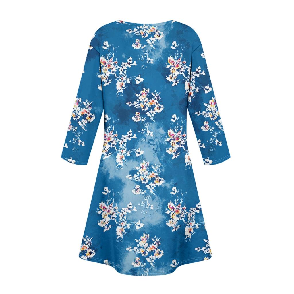 Женское модное платье с V-образным вырезом, пуговицами, рукавами длиной семь восьмых, карманом и цветочным принтом