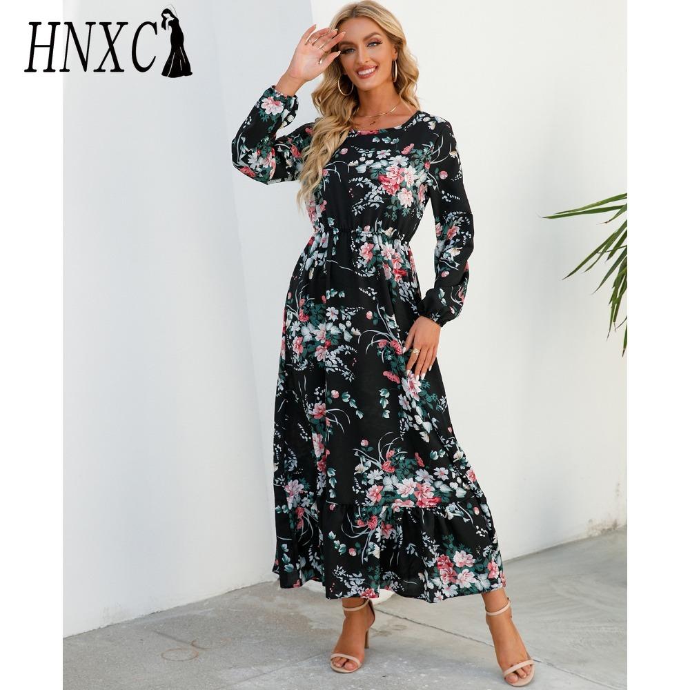 HNXC Весна Лето Богемный Женское Макси Платье Повседневный Длинный Рукав Высокая Талия Пляжное Платье Женские Цветочные Шифоновые Платья Vestidoes Mujer Новинка