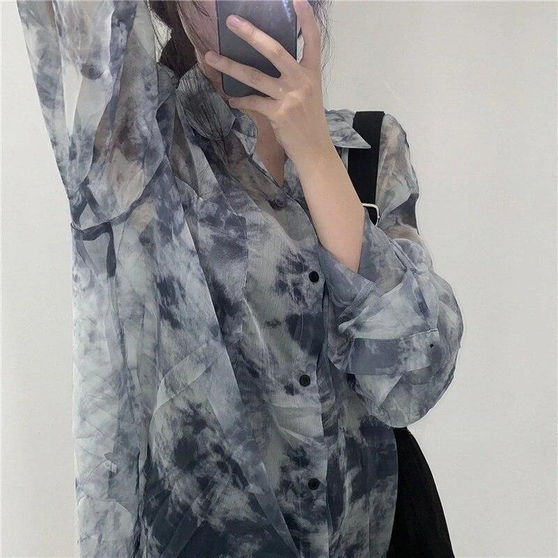 Shirts Women Fashion Tie Dye Harajuku Gothic Top Loose Casual Clothes Sun-proof Embroidery All-match Summer Holiday