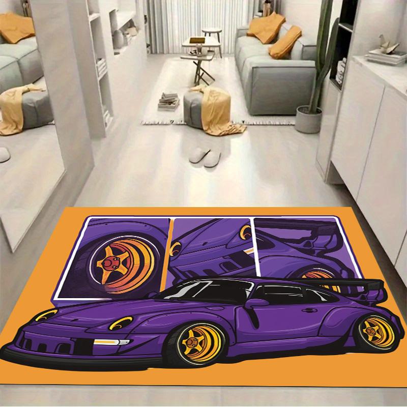 Purple Widebody Sport Car Comic Split Panel Print Area Rug Non‑Slip Rectangular Floor Mat Auto Fan Decor for Gaming Bedroom Living Room