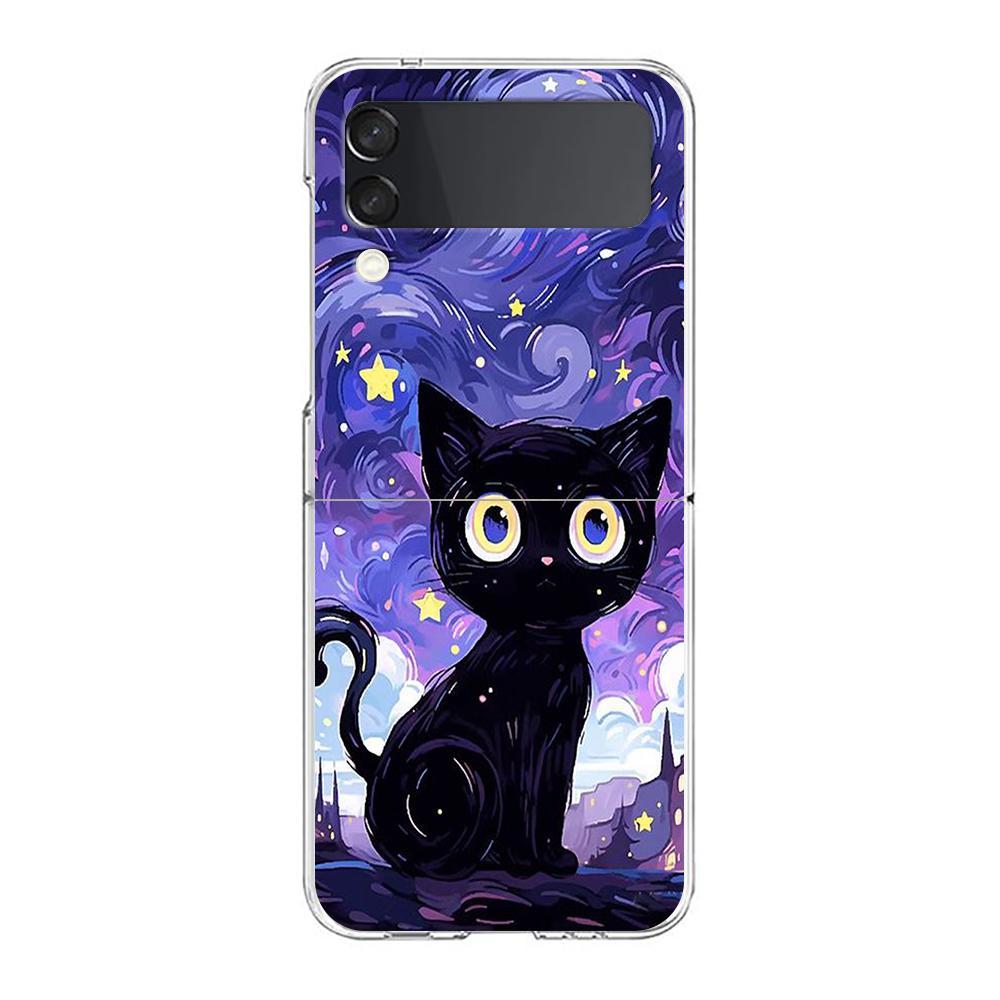 Художественный Черный Кот Звездная Ночь Чехол Для Телефона Для Samsung Galaxy Z Flip 3 4 5 Жесткий Складной Прозрачный ПК Для Samsung Z Flip 6 Задняя Крышка