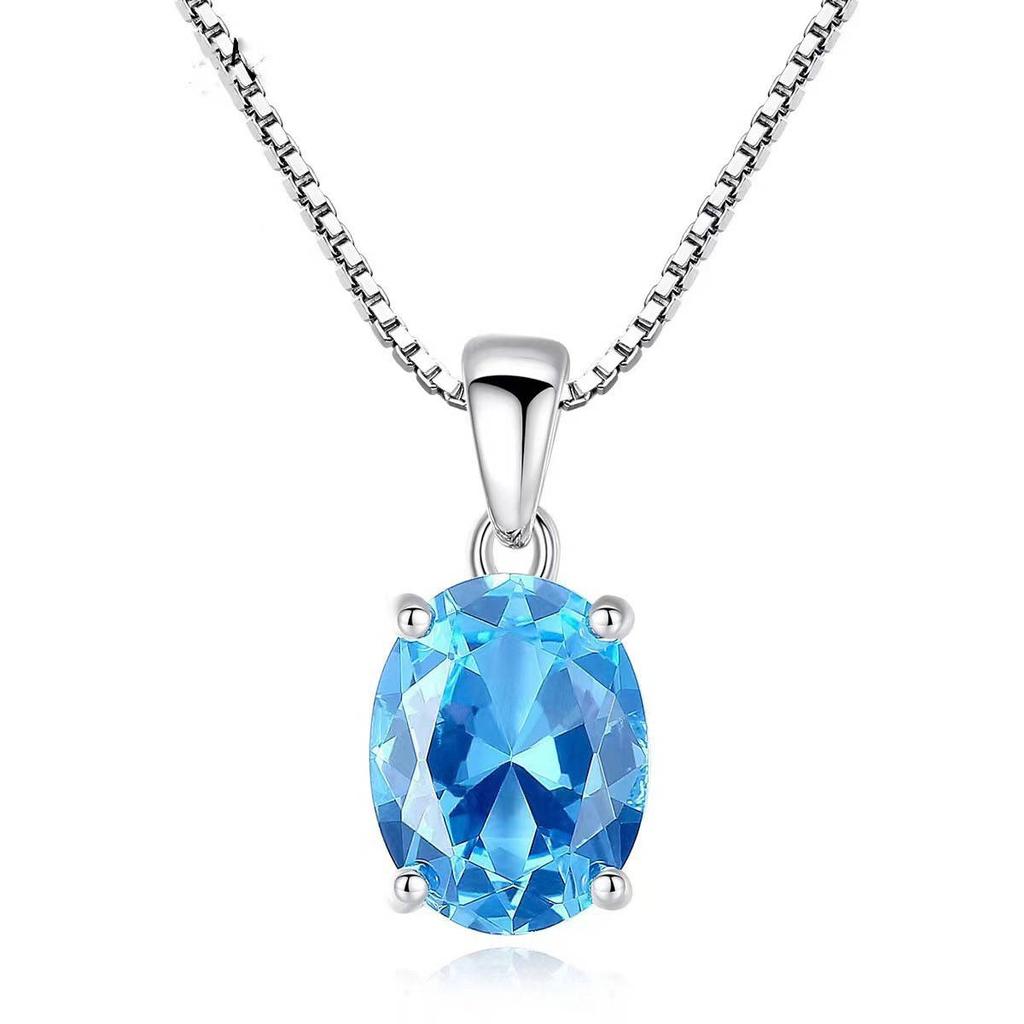 Fashion Jewelry Rhodium Plated Garnet Blue Zircon Opaz Oval Cut 925 Sterling Silver Pendant Necklace Wedding Birthday Gift Women