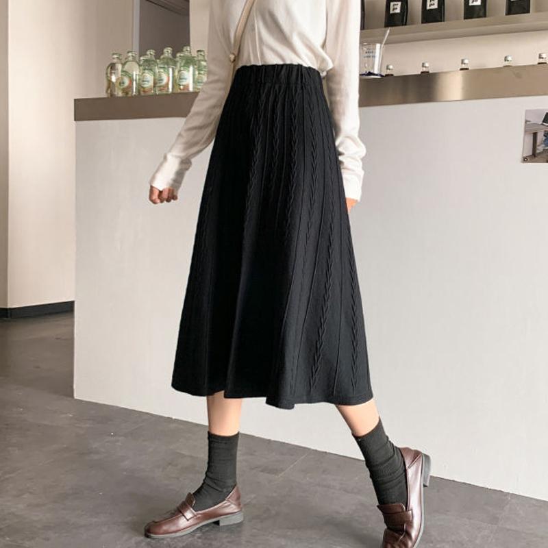 Юбки из толстого трикотажа в рубчик, женские, большие, свободные, повседневные, миди, осенние, элегантные, А-силуэта, плиссированные, абрикосового цвета, длинная трикотажная юбка