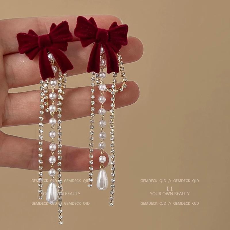 Velvet Bow Tassel Earrings Pearl Rhinestone Accent Lightweight Luxury Elegant Long Drop Women Jewelry Gift