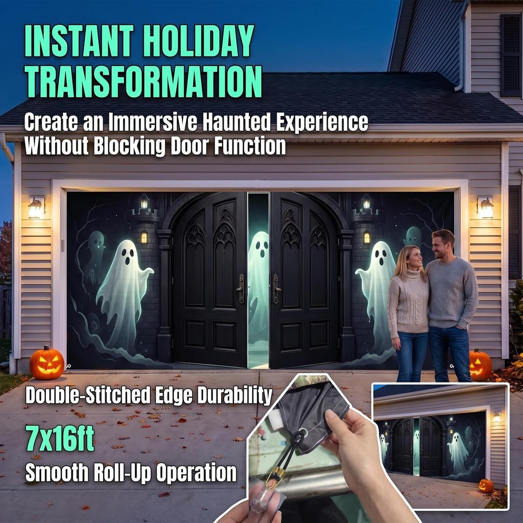 Halloween Garage Door Cover 7 x 16 FT, Large Halloween Garage Door Banner, Ha...