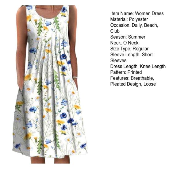 Платье с цветочным принтом и круглым вырезом, плиссированный дизайн, пуловер с короткими рукавами, элегантная повседневная одежда, женское летнее повседневное свободное пляжное платье больших размеров, одежда для отдыха