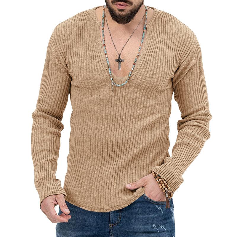 Men's V-Neck Ribbed Long Sleeve Knit Sweater, Slim Fit Casual Pullover, Multiple Color Options