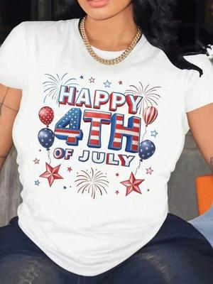 Happy 4th Of July Fireworks And Flags Print TShirt Crew Neck Short Sleeve Tops