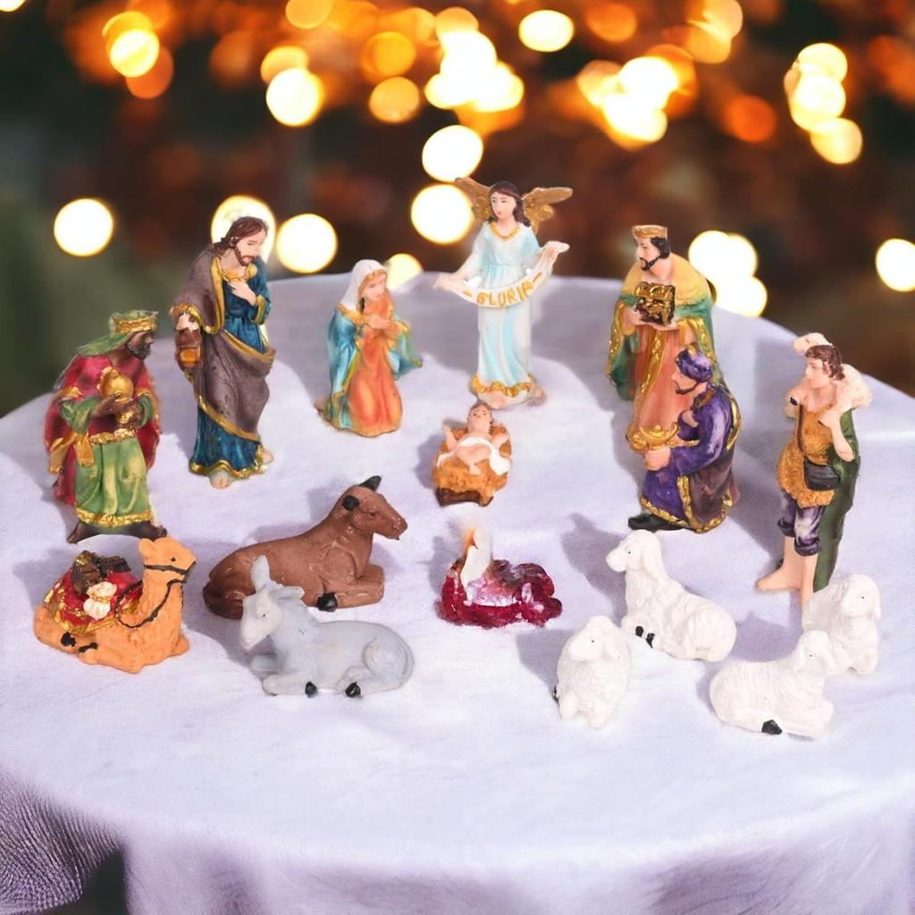 15 Pcs Nativity Set | Crib Set Perfect for Christmas Gifting|Decor ( Pack - Mary,Joseph,Baby Jesus, Angel, 3 Wise Men,Shepherd, 7 Animals