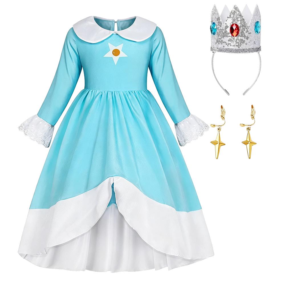 Rosalina Costumes Kids Long Sleeve Girl Fancy Peach Dress Blue Off Shoulder Princess Gown for Birthday Party Cosplay