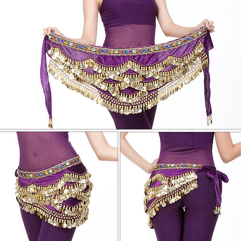 Belly Dancing Hip Scarf Wrap Skirt Waist Belt with Artificial Coin Tassel Dark Purple