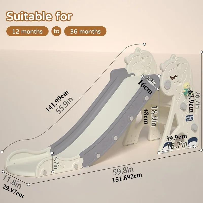 Unicorn Kids Folding Slide Outdoor Playground Climber Playset with Music Closed Pedal Basketball Hoop & Ring Game for Boys Girls