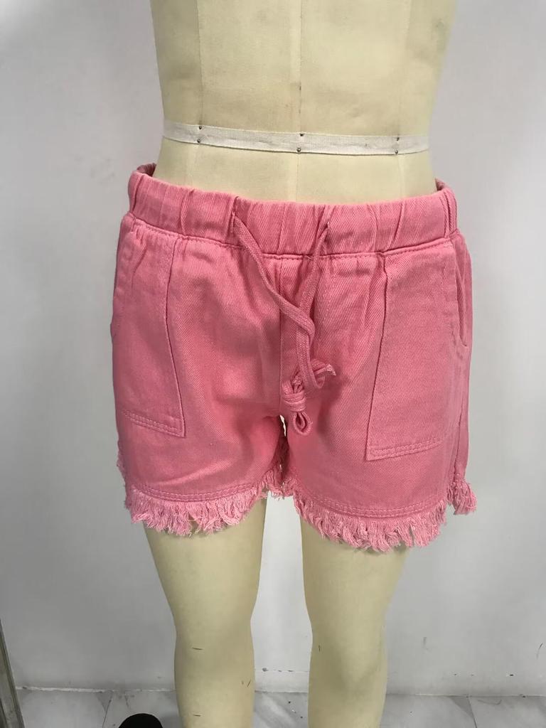 Женские джинсовые шорты с эластичной талией и кисточками