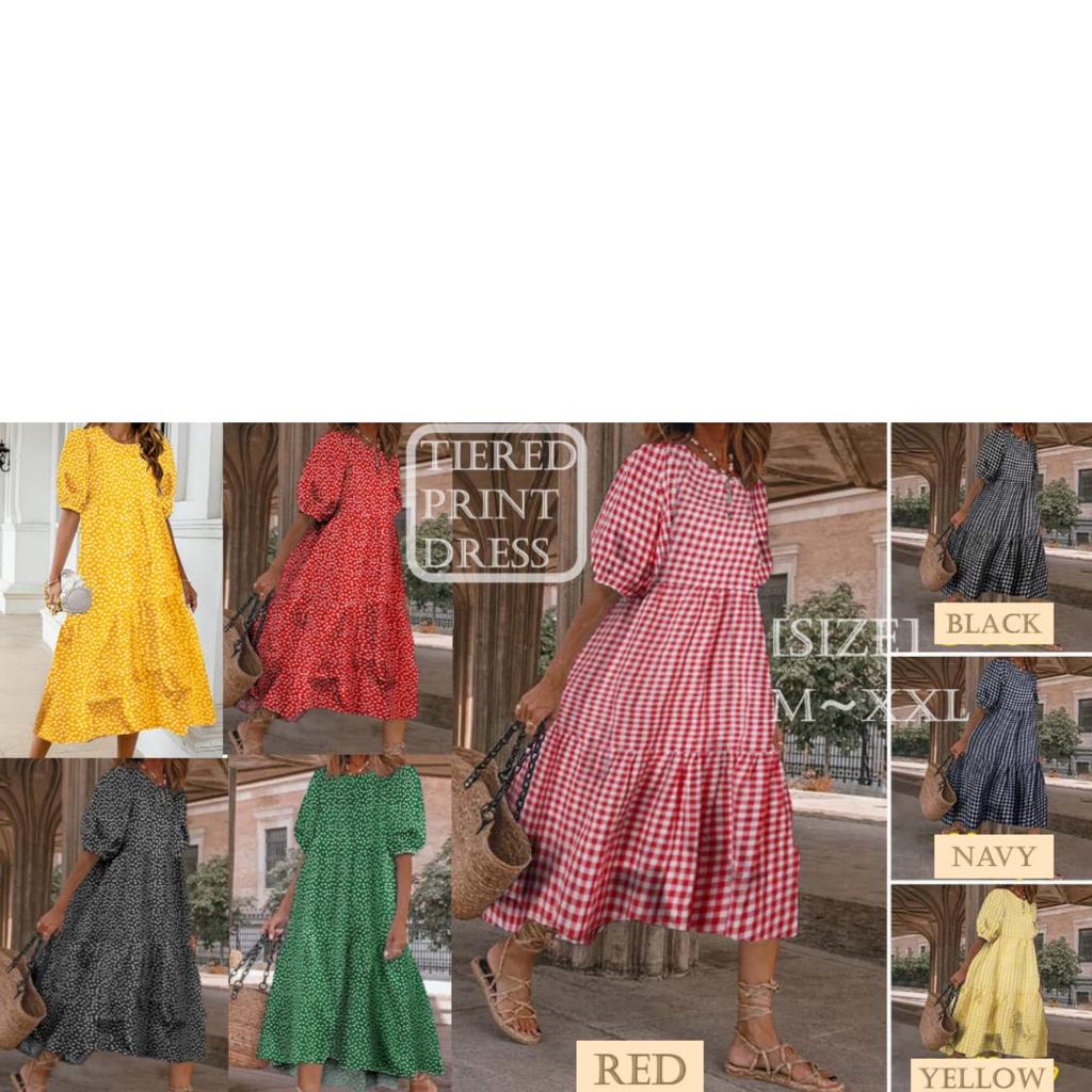 Tiered Gingham Check Floral Print Short Puff Sleeve Long Dress [1/2style] Women's A-Line (JP, Alphabet, XL, Black)