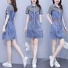 Plus Size Women Summer Fashion Denim Dress Casual Washed Patchwork Design Fat Ladies Clothing