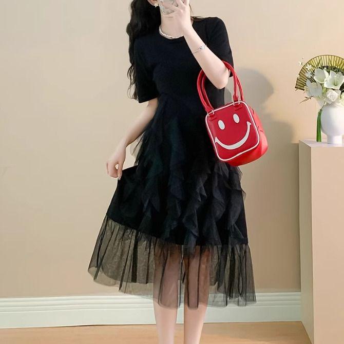 Платье-футболка с сетчатыми вставками и пэчворком, больших размеров, Весна/Лето 2026, Серое, Короткий рукав, Стандартный крой плеча, для женщин