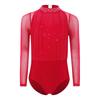 Girls Dance Leotard Long Sleeve Keyhole Back Design Sequins Rhinestones Sheer Mesh Figure Skating Outfit